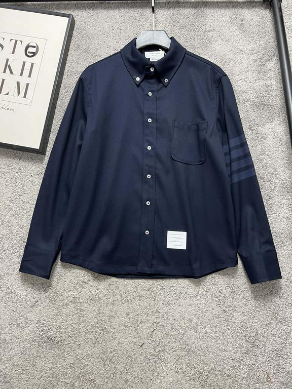 TB23FW fall and winter new top twill wool material lapel shirt, men's and women's classic four bar jacquard logo dark blue long-sleeved shirt! Trading company channel rare out, synchronized with the official website on s