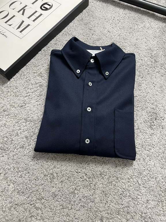 TB23FW fall and winter new top twill wool material lapel shirt, men's and women's classic four bar jacquard logo dark blue long-sleeved shirt! Trading company channel rare out, synchronized with the official website on s