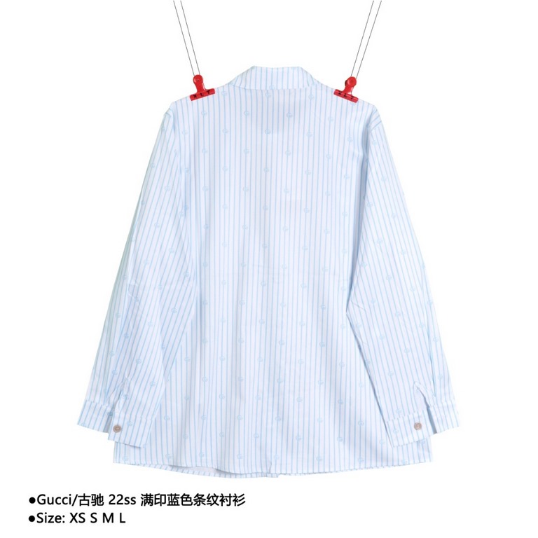 GucciGucci 22ss Printed Blue Striped ShirtSize：XS S M LCustom logo deep sea shell buttons, heavy duty embroidery crafted fabric, light blue, white and light blue GG stripe cut silk cotton from multiple collections, new f