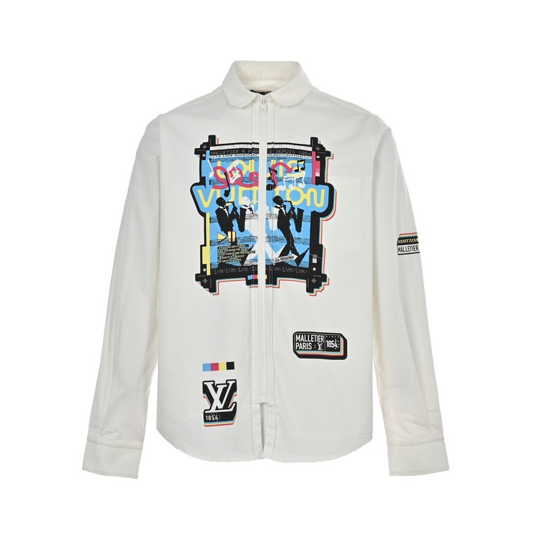 Louis VittonLouis Vuitton 23ss Band Print Shirt JacketThe Flyers motif is highlighted on this jacket-style shirt, depicting the logo-covered concert flyer in bright colors. The soft brushed cotton is finished with a zipp