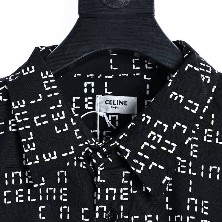 Celine 23FW full print logo shirt.Made of 60S10076 ultra-high density satin Fabric ordering cycle is very long Placket alignment cutting Each piece of clothing fabric to more than two meters Using the transfer printing p