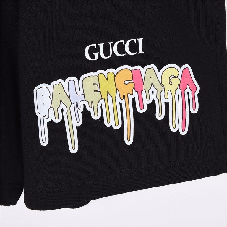 GuccixBalenciaga co-branded cooperation models 23SS summer colorful dissolve letter print shortsDigital airbrush precise positioning 11Customized 400 grams of the same vat-dyed cotton fabrics feel very comfortableThreade