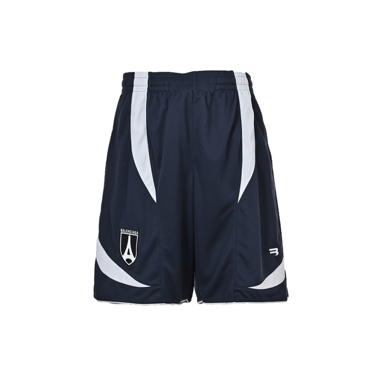 BalenciagaParis 23ss Tower Embroidery Patchwork ShortsCustom woven and dyed navy blue breathable mesh fabric fabric pretreatment washing and color fixing to prevent white and blue color collision Japan imported Tajima em