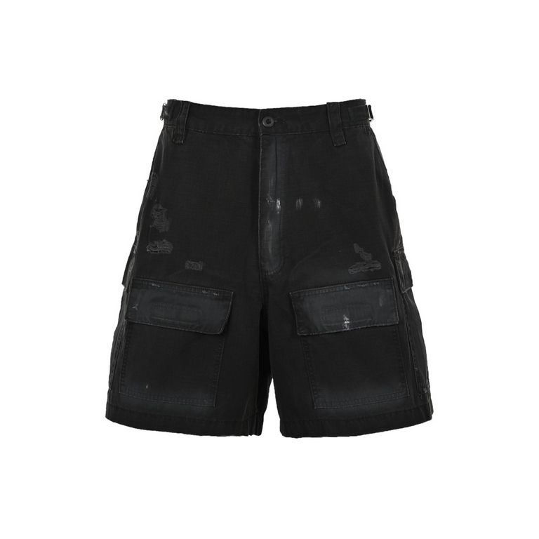 BalenciagaParisian 23ss Washed Workwear Pocket ShortsWoven 0.70.7 thickened square fabric, garment washed and damaged, garment washed and damaged, hand-positioned airbrush bayonet, brand new customized hardware accessori