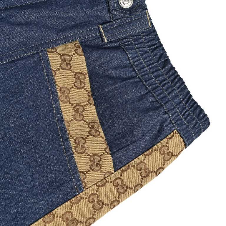 Gucci 23ss Appliqué Denim ShortsGucciGucci 23ss patchwork denim shortsThe fabric is made of high-count, high-density environmentally friendly washed denim fabric, solid color denim fabric   jacquard GG jacquard fabric sp