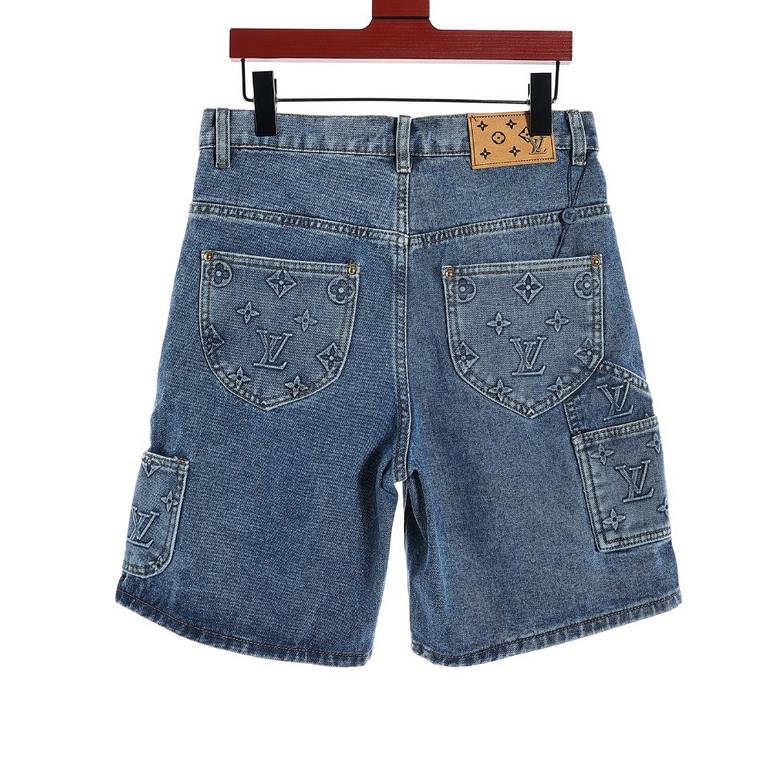 LouisVuitton Embossed Aged Denim ShortsMONOGRAM deconstructs denim workwear with an energetic sporty silhouette. Featuring a zipper that cinches the hood to the high neckline, front slash patch pockets and an elasticized