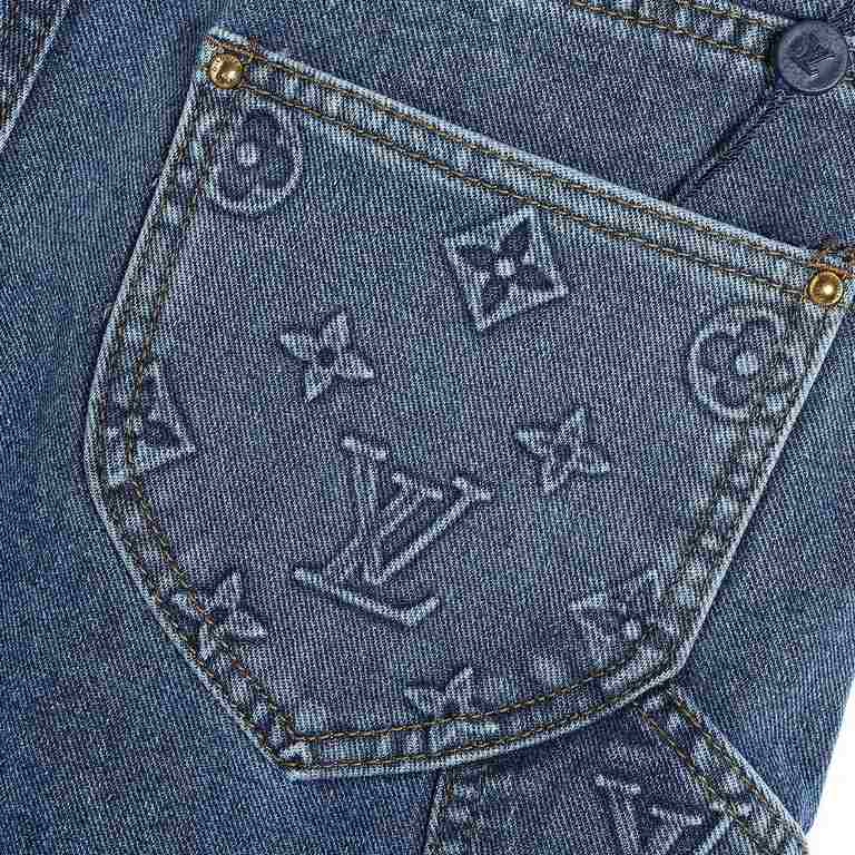 LouisVuitton Embossed Aged Denim ShortsMONOGRAM deconstructs denim workwear with an energetic sporty silhouette. Featuring a zipper that cinches the hood to the high neckline, front slash patch pockets and an elasticized