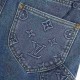 LouisVuitton Embossed Aged Denim ShortsMONOGRAM deconstructs denim workwear with an energetic sporty silhouette. Featuring a zipper that cinches the hood to the high neckline, front slash patch pockets and an elasticized