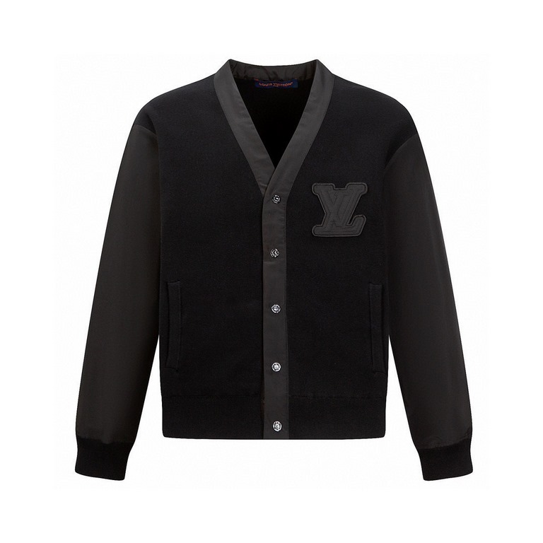 280Louis vuitton Louis Vuitton Fall 2023 New Monogrammed Badge Embroidered Patchwork Woven Knit JacketFocusing on the season's desert biker theme, this cardigan features a cotton-jersey body, tech-nylon sleeves and butto