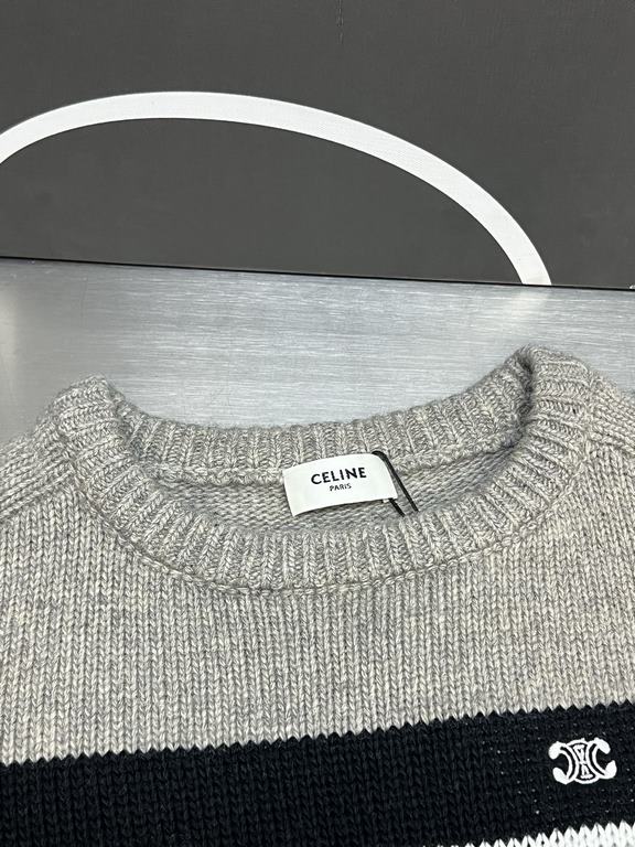 p395 Celine Gray Stripe Crew Neck Knit SweaterCollar, cuffs, hem, using ribbed shrink needle process, using 100% wool fabric, super comfortable and soft, close to wear a little bit do not feel tied, texture and comfort a