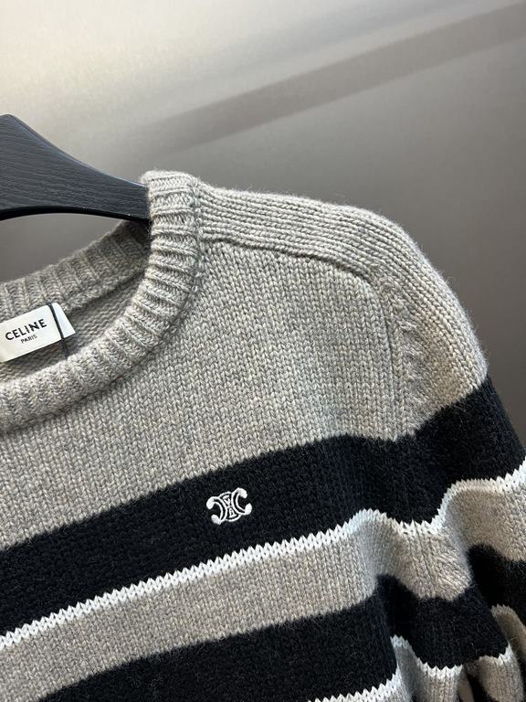 p395 Celine Gray Stripe Crew Neck Knit SweaterCollar, cuffs, hem, using ribbed shrink needle process, using 100% wool fabric, super comfortable and soft, close to wear a little bit do not feel tied, texture and comfort a