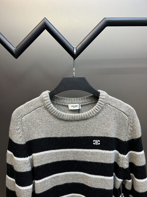 p395 Celine Gray Stripe Crew Neck Knit SweaterCollar, cuffs, hem, using ribbed shrink needle process, using 100% wool fabric, super comfortable and soft, close to wear a little bit do not feel tied, texture and comfort a