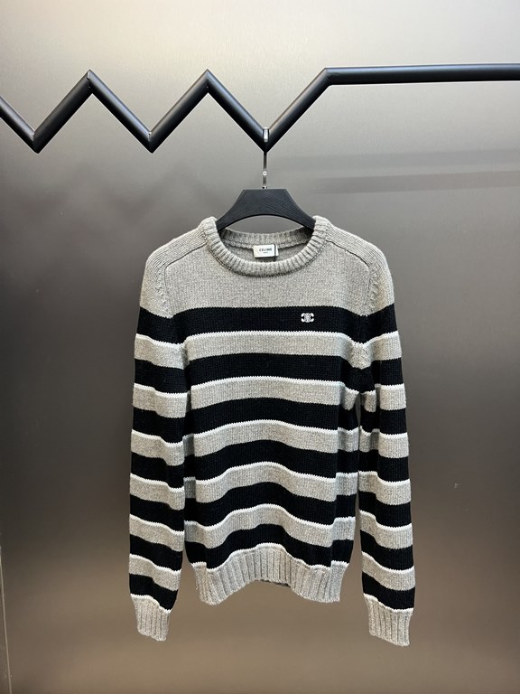 p395 Celine Gray Stripe Crew Neck Knit SweaterCollar, cuffs, hem, using ribbed shrink needle process, using 100% wool fabric, super comfortable and soft, close to wear a little bit do not feel tied, texture and comfort a