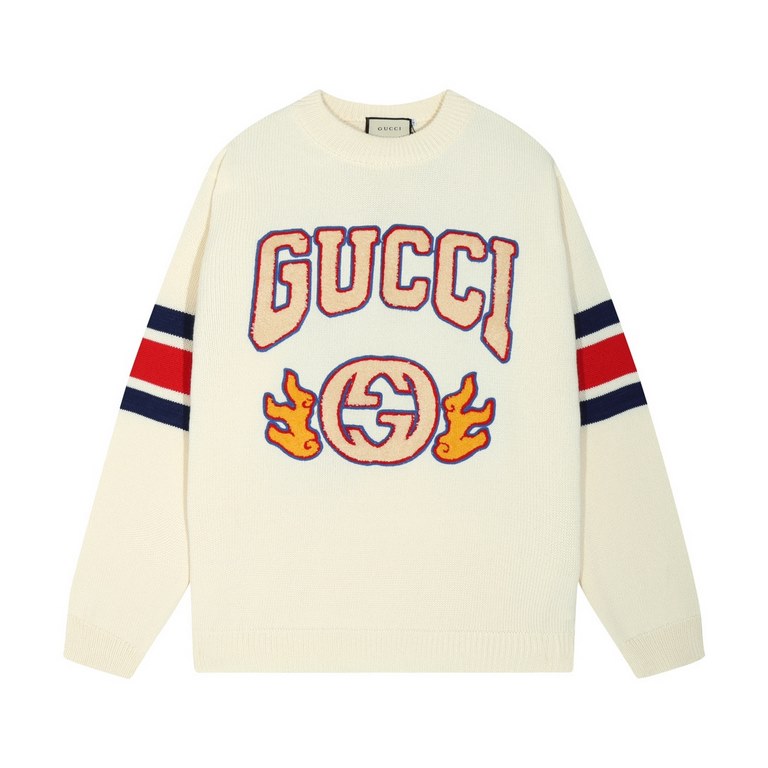 P285Gucci GUCCI towel-embroidered striped patchwork crew neck jacquard sweaterColor whiteSize S M L XL XXL