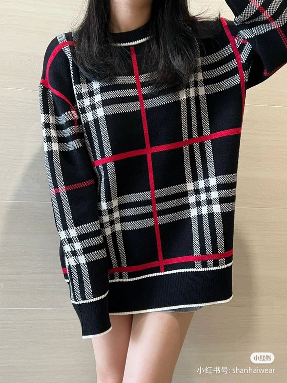 p265 Heavyweight high-grade BurberryBurberry classic plaid sweater knit sweater loose OS versionGuest imported sweater fabrics Mountain wool raw material yarn 7 needle imported knitting machine manufacturing color fixed 