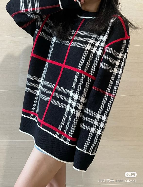 p265 Heavyweight high-grade BurberryBurberry classic plaid sweater knit sweater loose OS versionGuest imported sweater fabrics Mountain wool raw material yarn 7 needle imported knitting machine manufacturing color fixed 