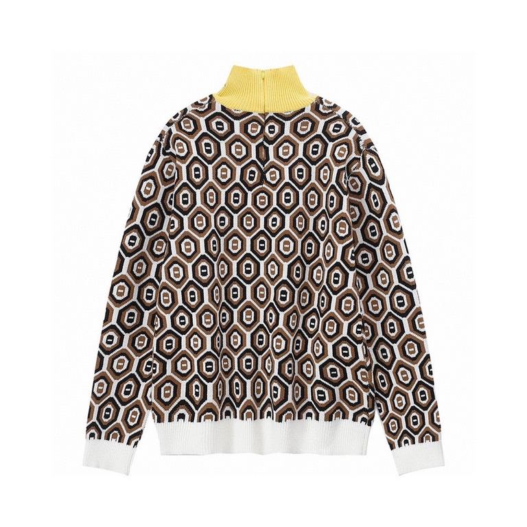 P260 Threaded knit turtleneck Throughout Jacquard pattern Door way Zipper Women'sPrada's new runway collection features a vibrant geometric jacquard detailing, giving a different design tone to the simple, slim-fitting c