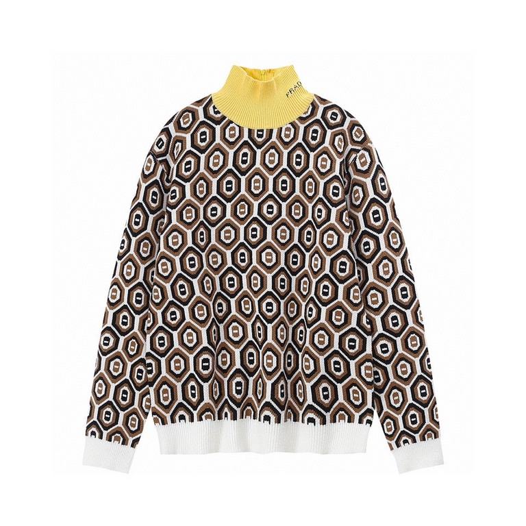 P230 Threaded knit turtleneck Throughout Jacquard pattern Door way Zipper Women'sPrada's new runway collection features a vibrant geometric jacquard detailing, giving a different design tone to the simple, slim-fitting c