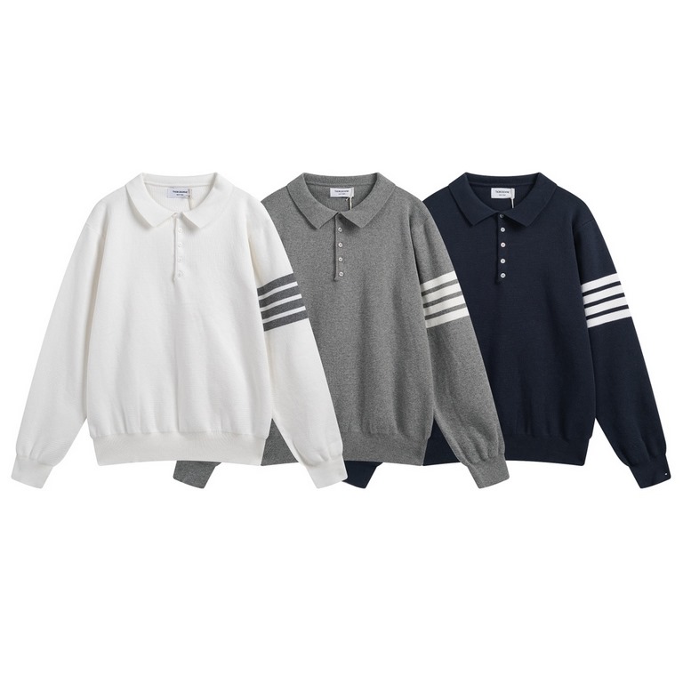 p225Thom Browne  TB23 fall and winter new polo lapel sweater.Made of wool and cotton, the sweater is soft and smooth, warm and comfortable, embellished with TB classic elements, mother-of-pearl buttons on the placket, an