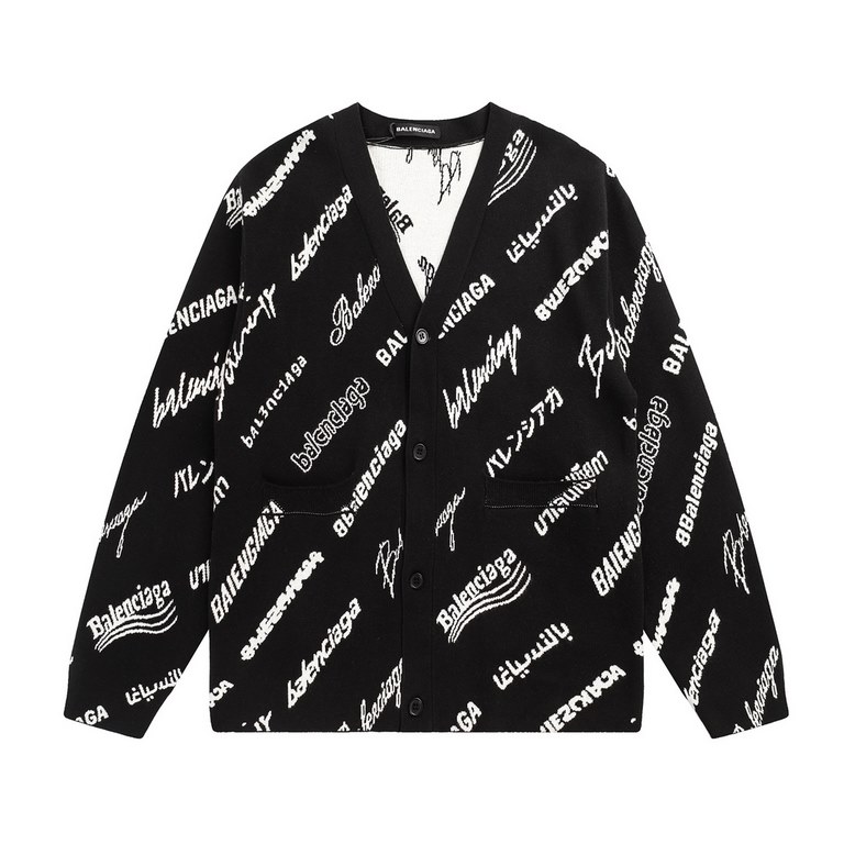 P285 BA LENCIAGA SS23 Deep V-Neck Monogrammed Knit CardiganLOGOMANIA ALL OVER black and white knit cardiganUnisex