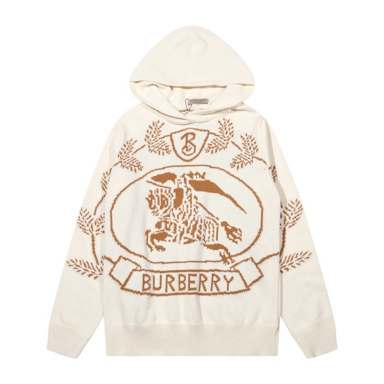 p280Burberry BURBERRY Hooded War Horse Wheat Fringe Jacquard Knit Sweater SweaterColor apricot brown dark blueSize S M L XL XXL