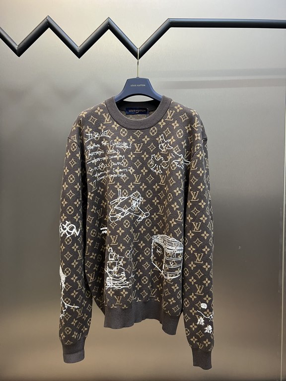 p325 Lv MONOGRAM embroidered sheep sweater14S woven jacquard tissue fabric, wool embroidery process, double-sided classic old flowers jacquard design, both positive and negative are exquisite jacquard process, fine yarn 