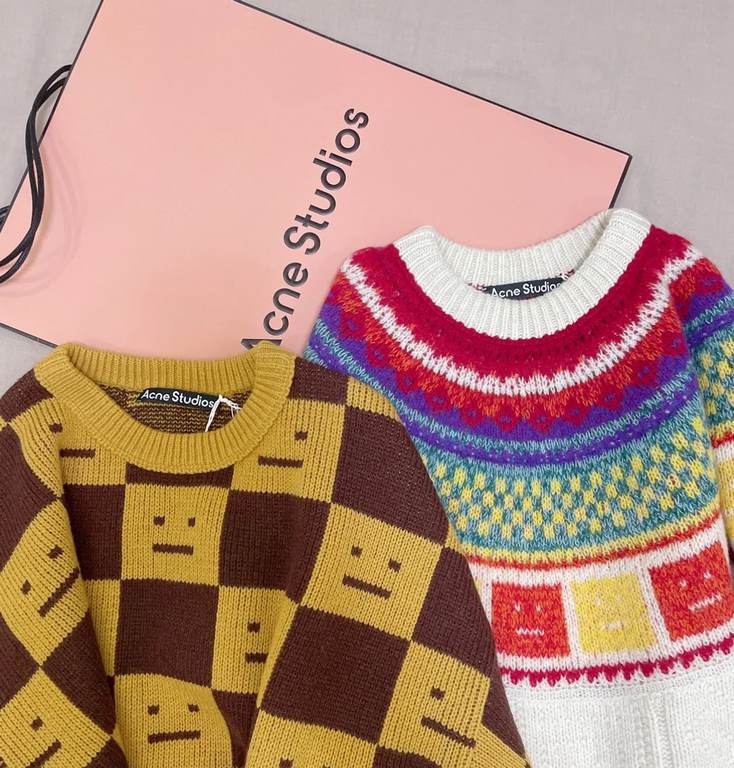 AC10#P175 Fall 2023 New Goods.ACNE STUDIOS rainbow bite   rainbow retro round neck sweater.Heavy work, 10-color patchwork, extremely complex weaving, full of bumpy smiley face patterns.This year's hot brand Acne Studios 