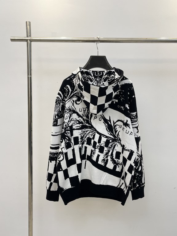 3651VLouis 23ss New Hooded Knit SweaterSize：SMLXLA monochrome jacquard reproduction of the Parisian collage from the SpringSummer 2023 show, it pays homage to the French capital through Louis Vuitton's signature elements