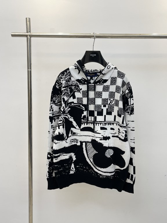 3651VLouis 23ss New Hooded Knit SweaterSize：SMLXLA monochrome jacquard reproduction of the Parisian collage from the SpringSummer 2023 show, it pays homage to the French capital through Louis Vuitton's signature elements