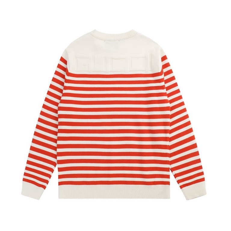 P220 Product DetailsTraditional motifs are reinterpreted through the Gucci aesthetic in a series of classic knitwear pieces. Crafted from jersey cotton, this sweater is brightened with red and ivory stripes. A Gucci appl