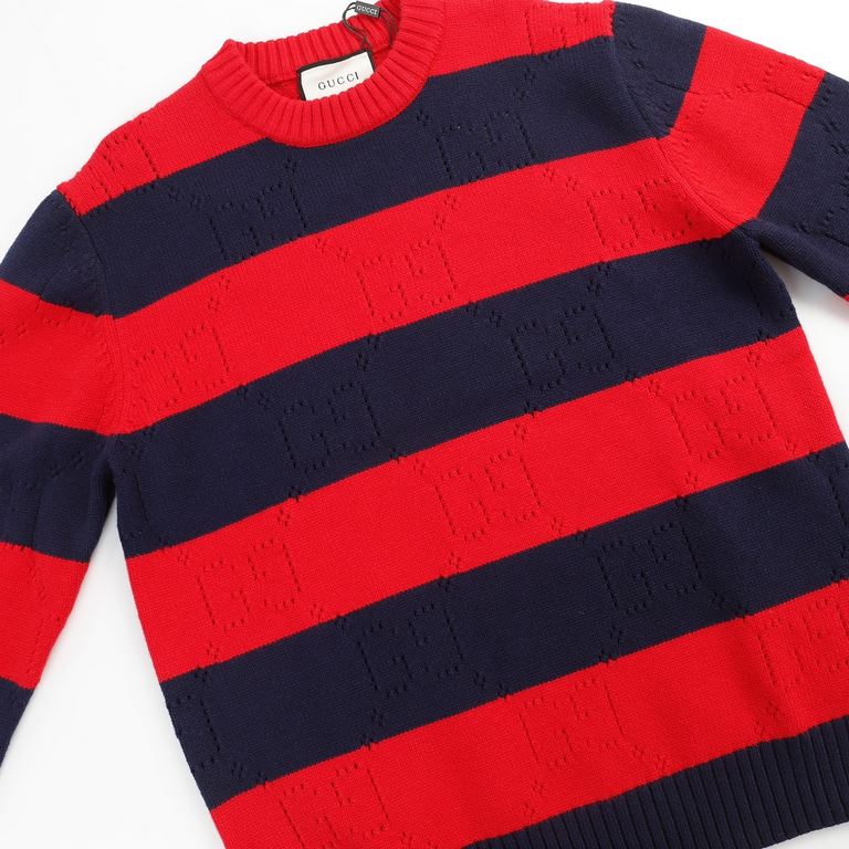 P220 Product Details.The iconic GG motif is subtly rendered in a lace finish in the same hue on this blue and red cotton-jersey jumper, paying homage to the label's founder, Mr. Guccio Gucci. The monogrammed interlocking