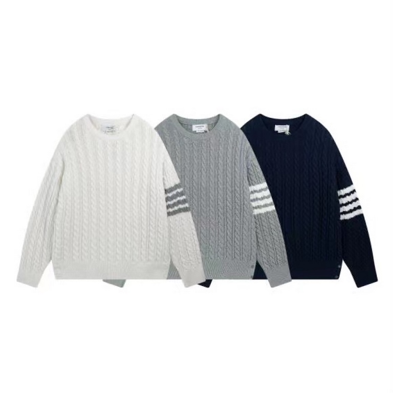 P230Thom Browne   TB Striped Twist Pullover Crew Neck Knit Sweater Jacquard Four Bars (Men's and Women's Sweater)colorwhite gray blueYardage0 1 2 3 4