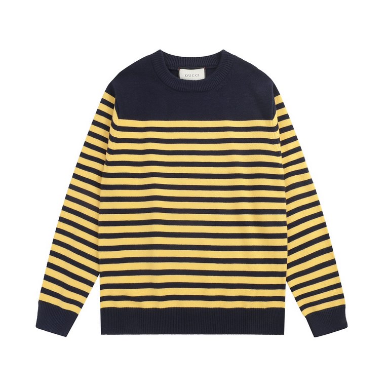 P220 Traditional motifs are reinterpreted through the Gucci aesthetic in a series of classic knitwear pieces. This sweater is crafted from jersey cotton and features bright blue and yellow stripes. The back is embellishe