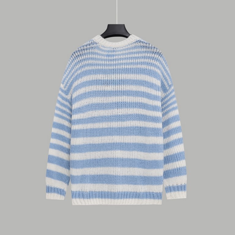 P235LOEW Striped colorblocked sweater with handmade appliquéd flowersBlue and white stripe color combinationThe loom makes the twisted stripes individually and then the lace is sewn by hand, which takes a long time.Size 