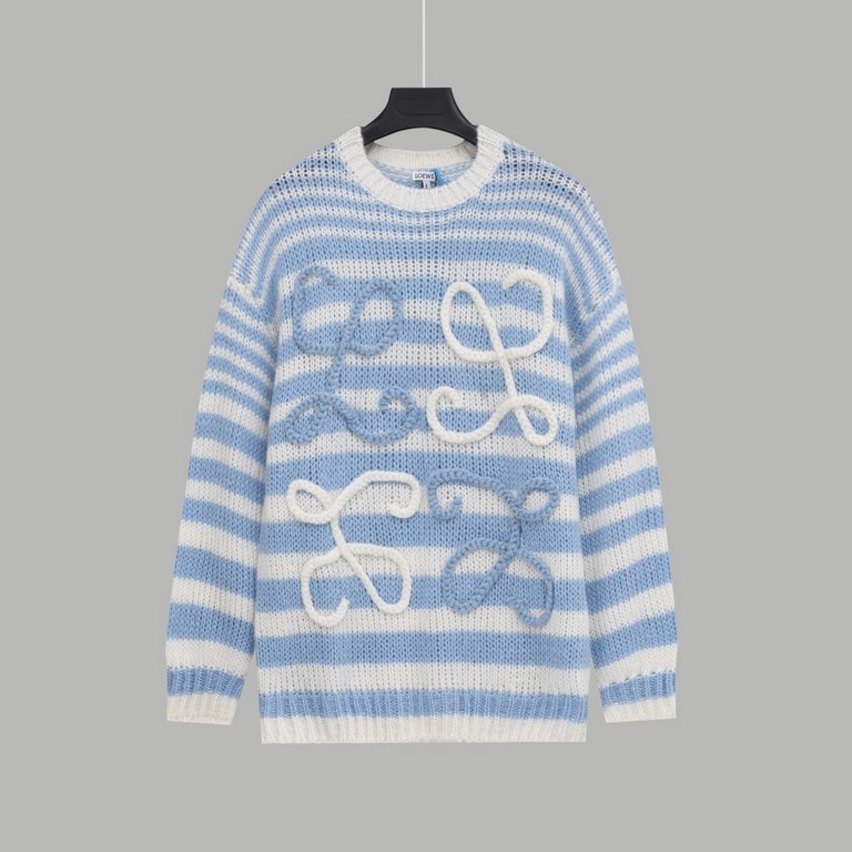 P235LOEW Striped colorblocked sweater with handmade appliquéd flowersBlue and white stripe color combinationThe loom makes the twisted stripes individually and then the lace is sewn by hand, which takes a long time.Size 