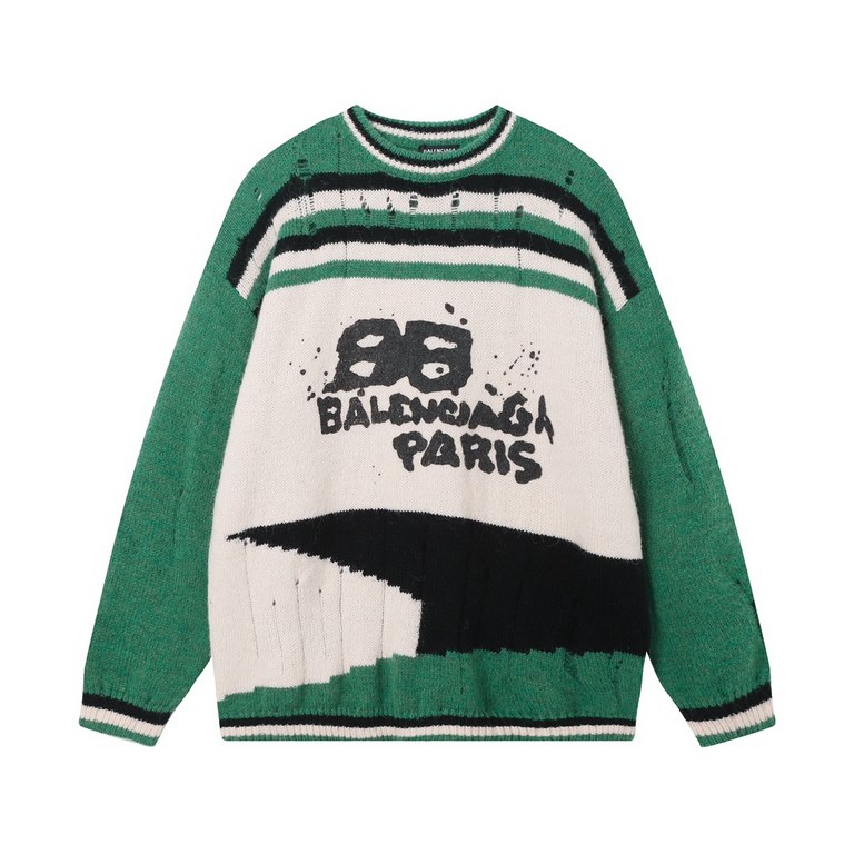 P280 BALENCIAGA missed needle warm colorblocking pullover sweater men and women alikeBALENCIAG A new colorblocking printed sweater layers shi sufficient warm colorblocking is a warm cure for autumn and winter on the body