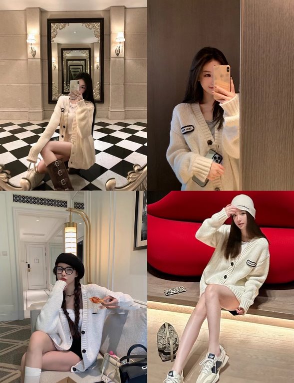 300  (size M25)MIU MIU's hottest cream collegiate knit cardigan this yearSize S M LThe perfect blend of elegance and comfortMiuMiu women's knitted cardigan is made of cotton blend fabric, warm and light, showing elegant 