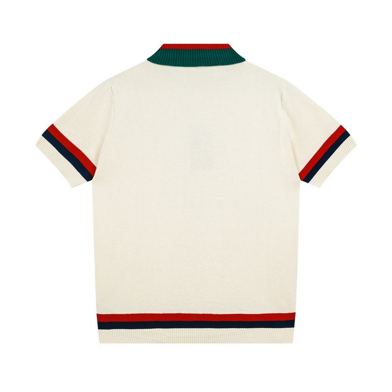 Gucci 2024SS New Chest Double G Knit Lapel Short Sleeve Polo ShirtIvory cotton jersey, red and blue appliqués, interlocking double G embroidered appliqués, webbed lapel, button front, dolman sleeves, ribbed edgingIvory, 