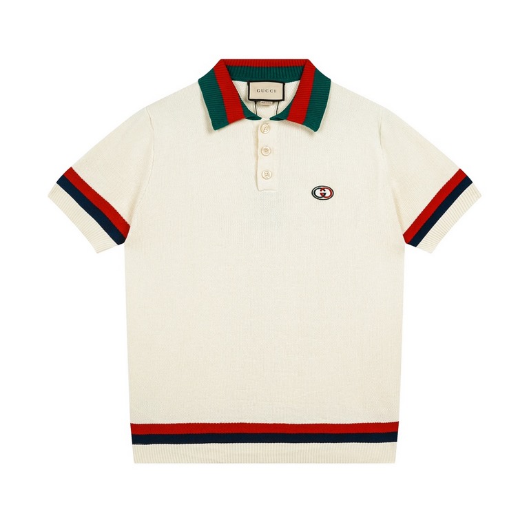 Gucci 2024SS New Chest Double G Knit Lapel Short Sleeve Polo ShirtIvory cotton jersey, red and blue appliqués, interlocking double G embroidered appliqués, webbed lapel, button front, dolman sleeves, ribbed edgingIvory, 