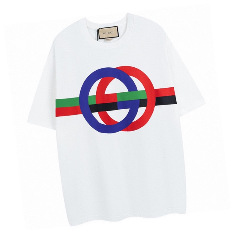 GucciSummer new G round double G color collision round neck short sleeve T-shirt GG pattern with a variety of colors, artisanal rendering and convergence of a colorful stripes on the body of a comfortable and comfortable