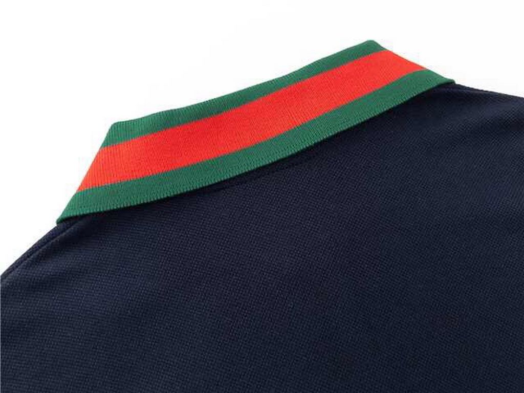 Gucci Gucci 23SS Cavendish fabric 260g red and green striped collar embroidery double G short sleeve polo shirtnavy blueSize XS-L