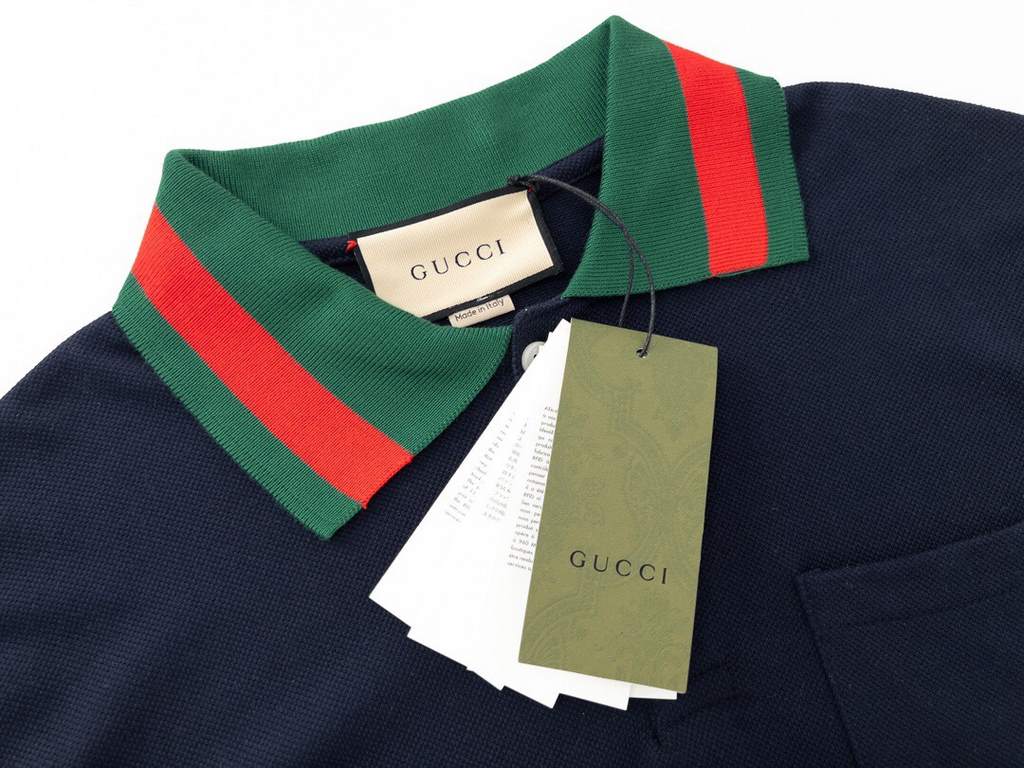 Gucci Gucci 23SS Cavendish fabric 260g red and green striped collar embroidery double G short sleeve polo shirtnavy blueSize XS-L