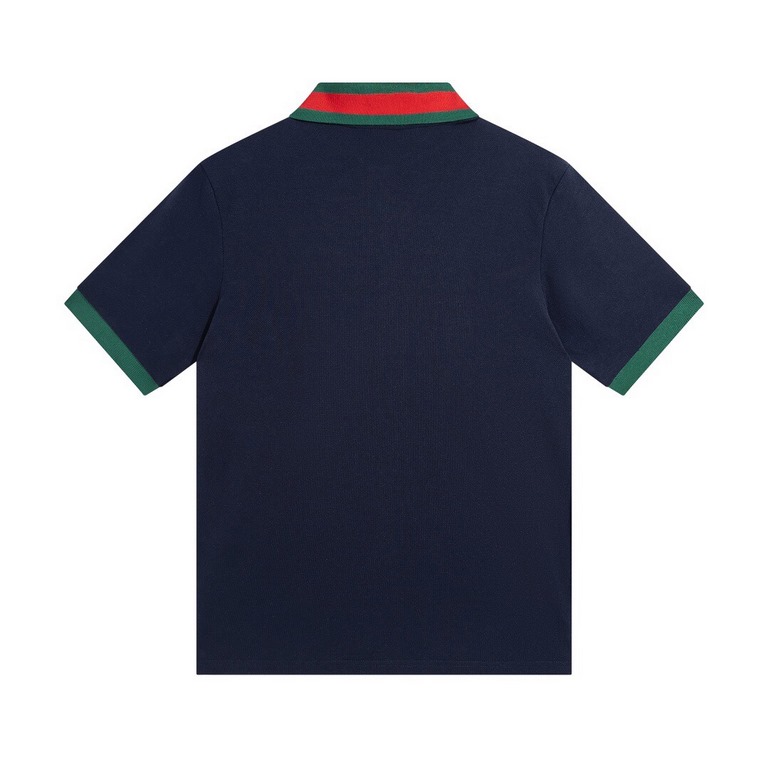 Gucci Gucci 23SS Cavendish fabric 260g red and green striped collar embroidery double G short sleeve polo shirtnavy blueSize XS-L