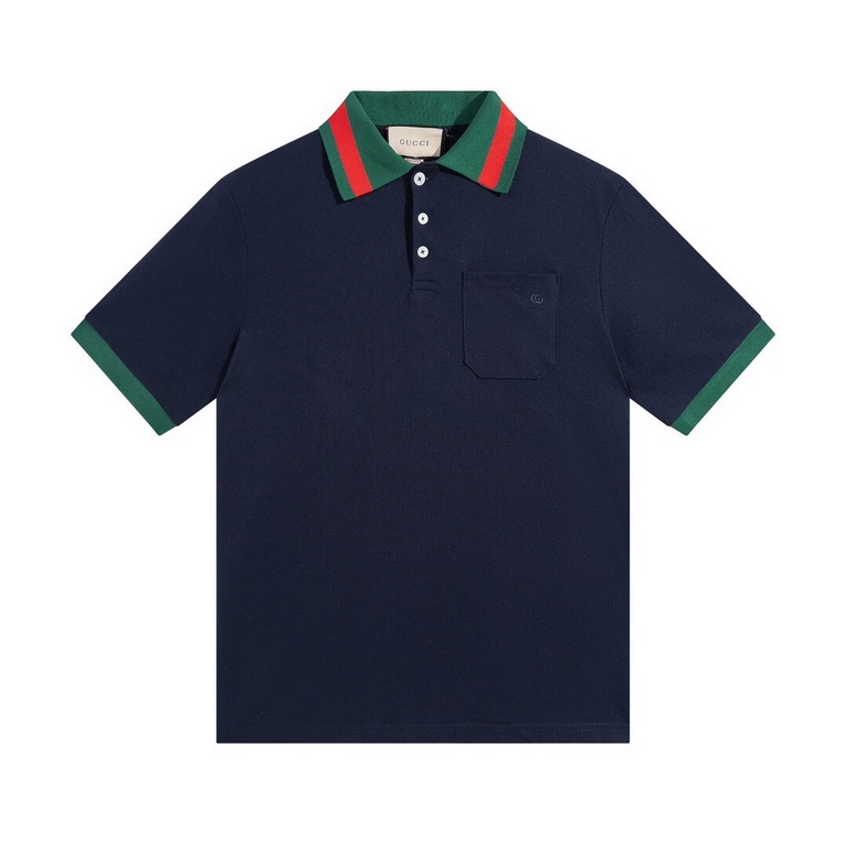 Gucci Gucci 23SS Cavendish fabric 260g red and green striped collar embroidery double G short sleeve polo shirtnavy blueSize XS-L