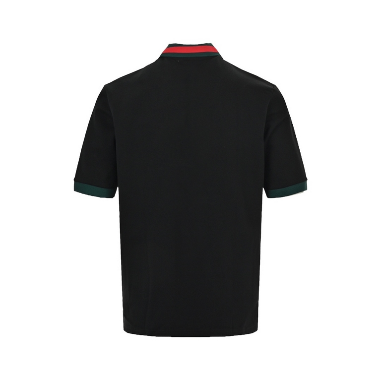 GucciGucci 24ss Red and Green Collar Embroidered Double G Pocket Polo Short SleeveJodie fabric 260g red and green striped collar embroidered double G short sleeve polo shirtBlack colorSizeXS-L