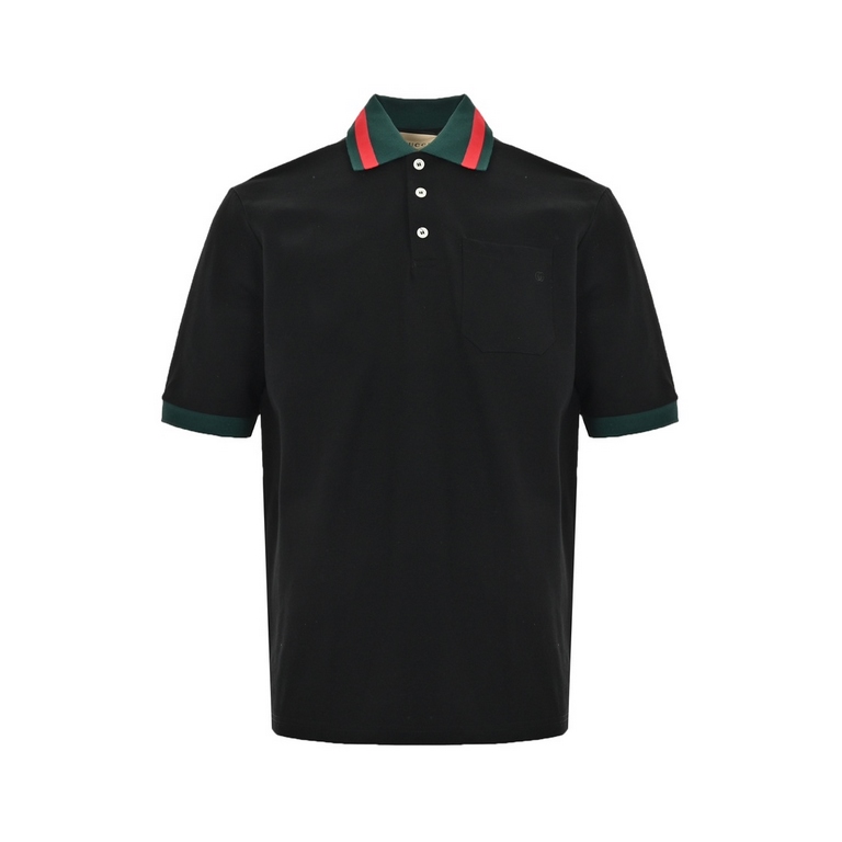 GucciGucci 24ss Red and Green Collar Embroidered Double G Pocket Polo Short SleeveJodie fabric 260g red and green striped collar embroidered double G short sleeve polo shirtBlack colorSizeXS-L