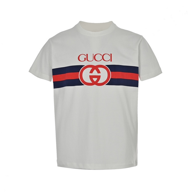 Gucci  Gucci 23ss Double G Interlocking Stripe Short SleeveDrawing inspiration from the prints of the 80s. This short-sleeve jersey cotton T-shirt features a vintage-inspired graphic that utilizes the elongated webbing f