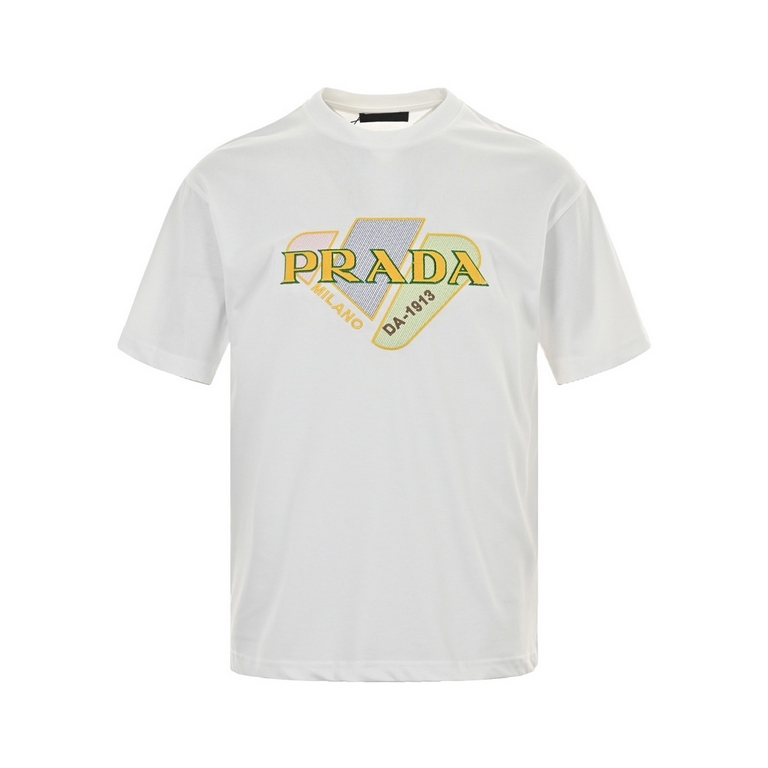 PradaPrada 24ss colorblocking embroidery flocked letters short sleeveChannel boutique recommended, basic versatile simple paragraph short-sleeved TEE Spring and summer latest models, boys and girls four seasons commuting