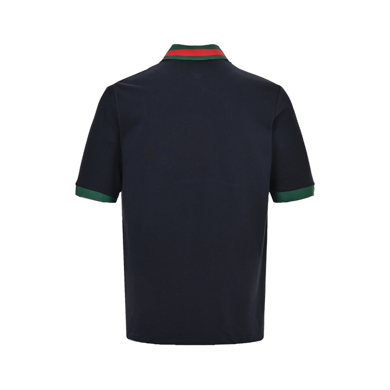 GucciGucci 24ss Red and Green Collar Embroidered Double G Pocket Polo Short SleeveJodie fabric 260g red and green striped collar embroidered double G short sleeve polo shirtBlack colorSizeXS-L