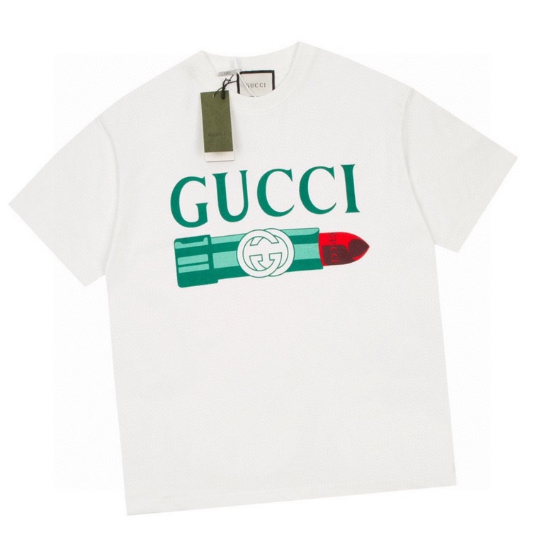 GucciSummer New G Gucci Lipstick Print Round Neck Short Sleeve T-Shirt Heavyweight cotton fabric material High-weight with shaping effect Good moisture wicking and breathability Skin-friendly and comfortable to wear Gela